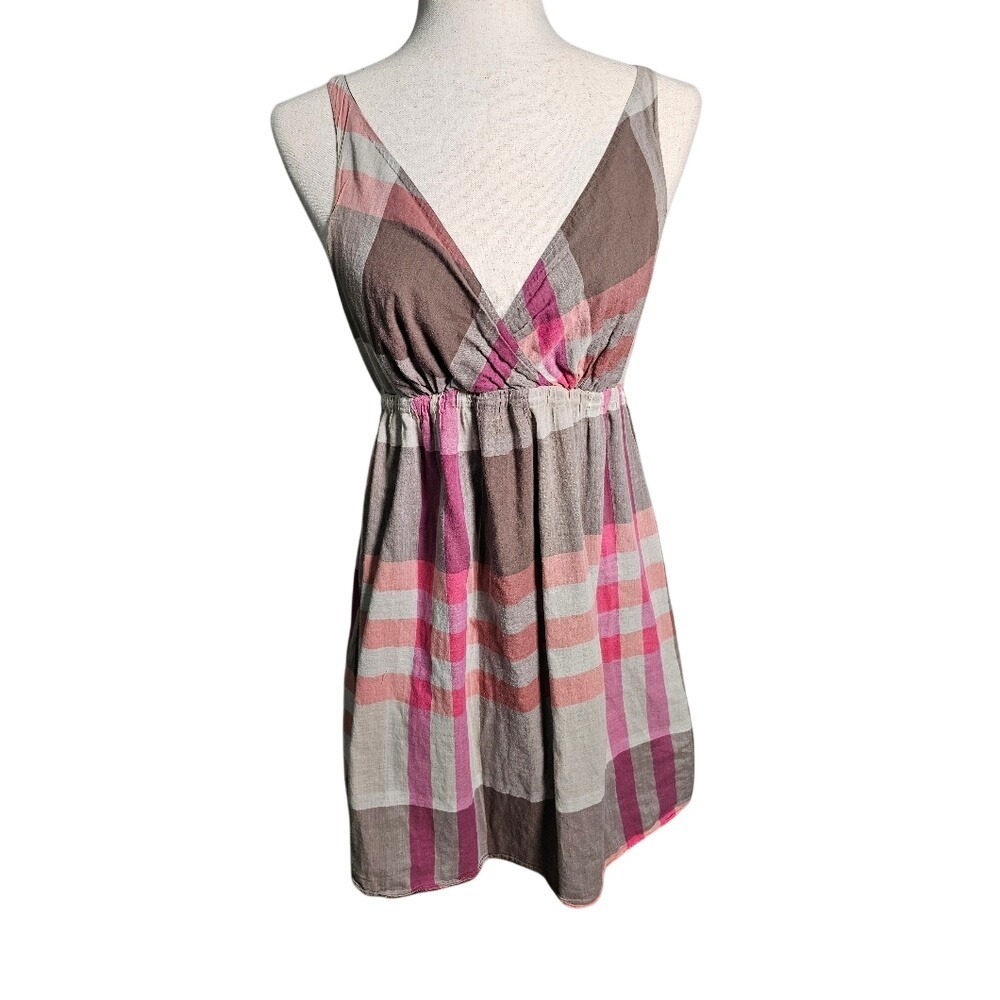 Plaid Mini Brown and Pink Deep V Casual Cotton Fit & Flare Dress Fully Lined Sm